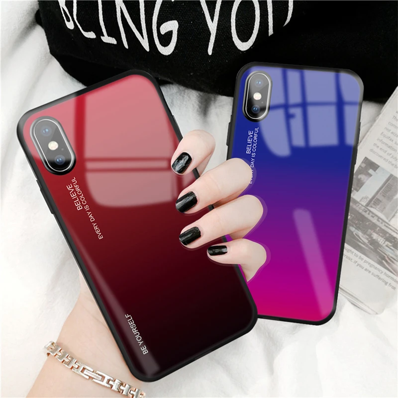 

For iPhone 6 6S 7 8 Plus XS MAX XR X Case Luxury Gradient Tempered Glass Case Soft Frame Cover For iPhone 7 8 XS MAX Slim Shell
