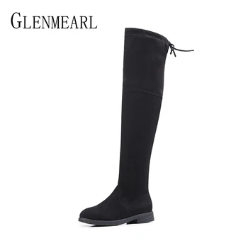 

Brand Women Thigh High Boots Thick Heels Over The Knee Casual Winter Shoes Female Warm Plush Round Toe Ladies Shoe Plue Size DE
