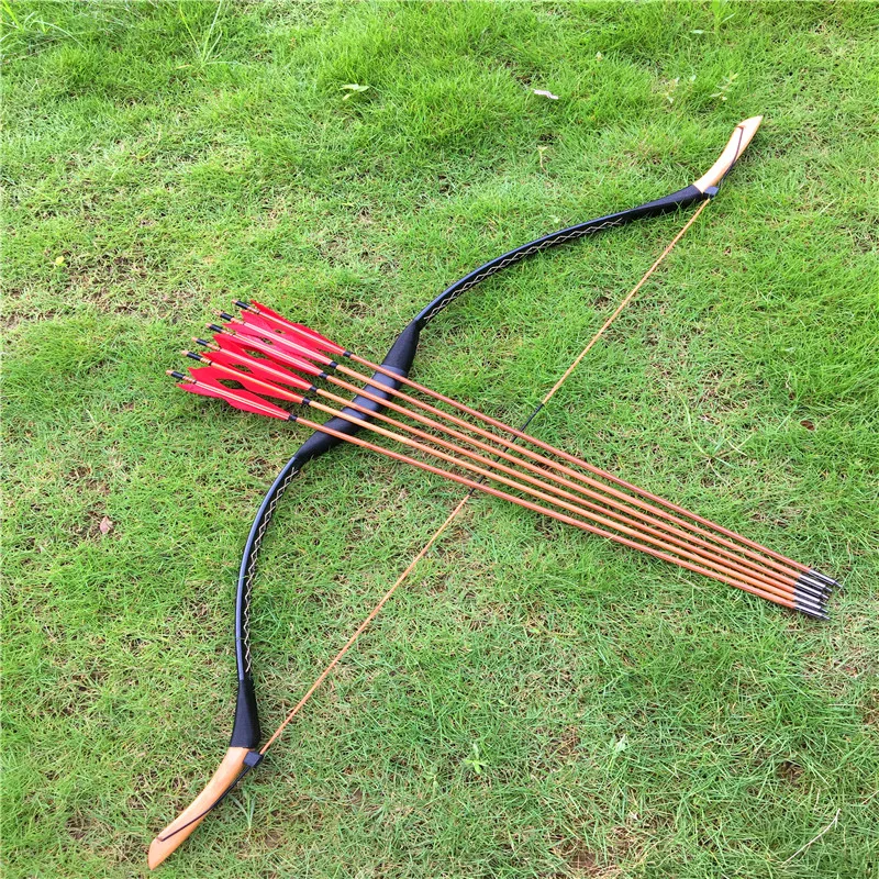 

20-60lbs black handmade traditional bow for archery recurve shooting + 6 bamboo full red wizard arrows