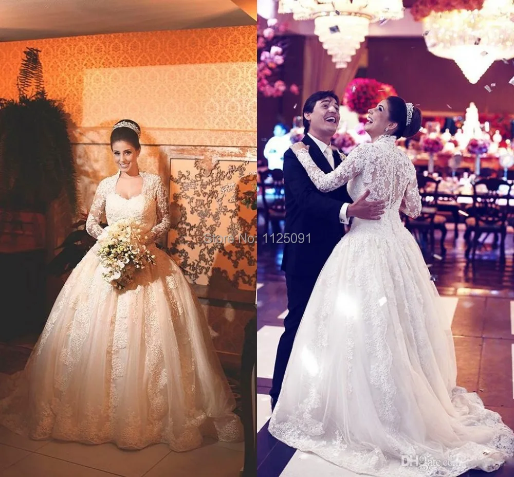 Роскошная свадебная одежда 2019 с длинным рукавом Кружевное Вечернее платье Аппликации для свадебных платьев See Through в пол платье невесты