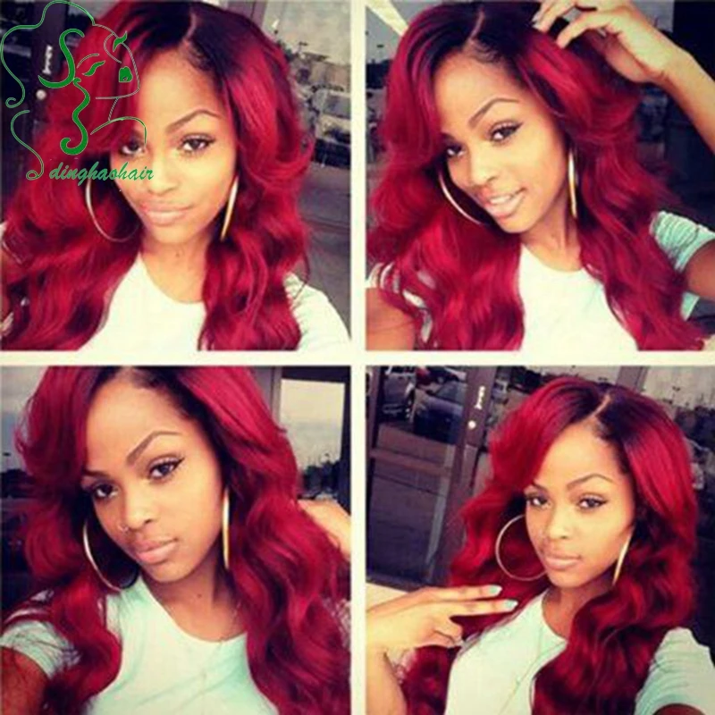 Red human hair wig ombre lace front wig/virgin glueless Brazilian full