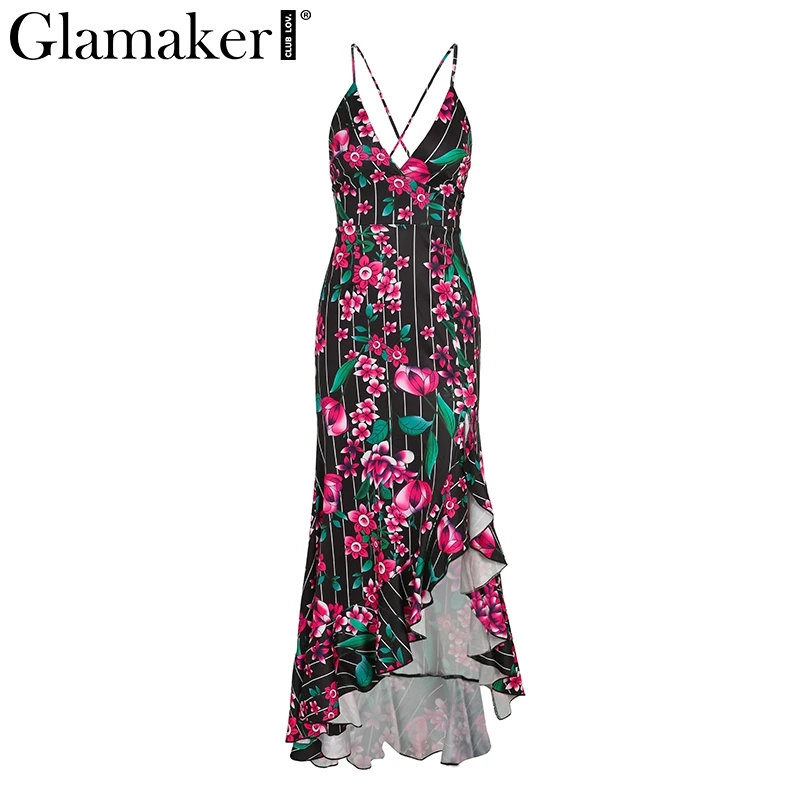 Женское платье с цветочным принтом Glamaker длинное пляжное разрезом и оборками