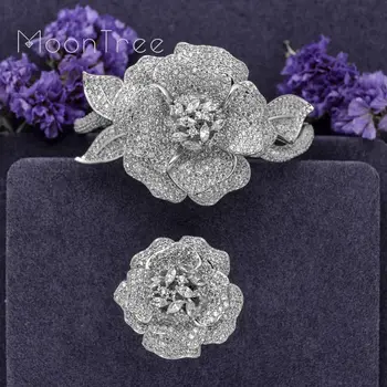 

MoonTree Luxury Rose Flower Full Micro AAA Cubic Zirconia Silver Color Women Bracelet Bangle Ring Set Dress Jewelry Sets