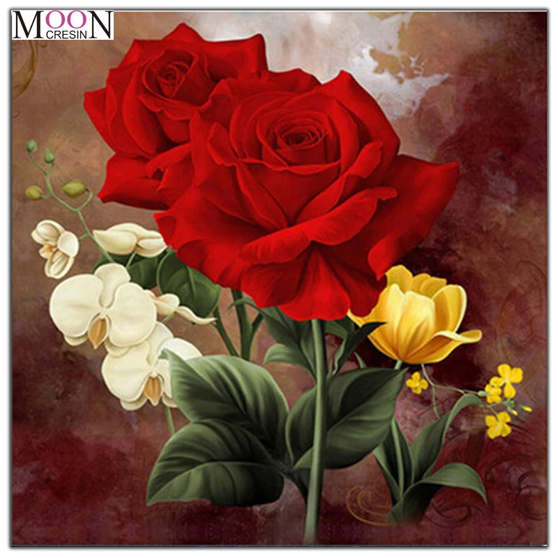 MOONCRESIN 5D Diy Алмазная вышивка крестиком на рисунке с красной розой и желтом цветах