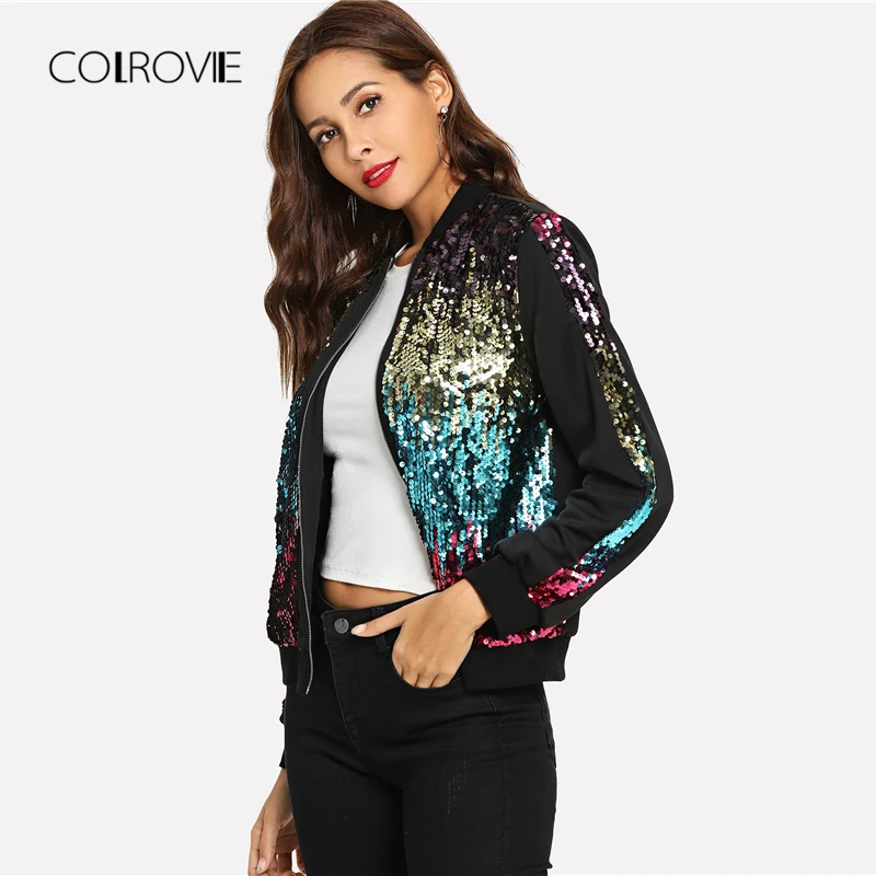 COLROVIE Casual Zip Up Basic Sequin Jacket Women 2018 Autumn Highstreet Bomber Jacket Coat Women Feminino Coats Outwear Clothes COLROVIE Casual Zip Up Basic Sequin Jacket Women 2018 Autumn Highstreet Bomber Jacket Coat Women Feminino Coats Outwear Clothes