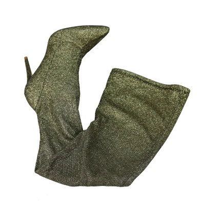 TIMETANG/Самые популярные пикантные Женские Сапоги выше колена с острым носком на высоком каблуке блестящие вечерние/Клубные высокие сапоги до бедра для девушек - Цвет: Army Green