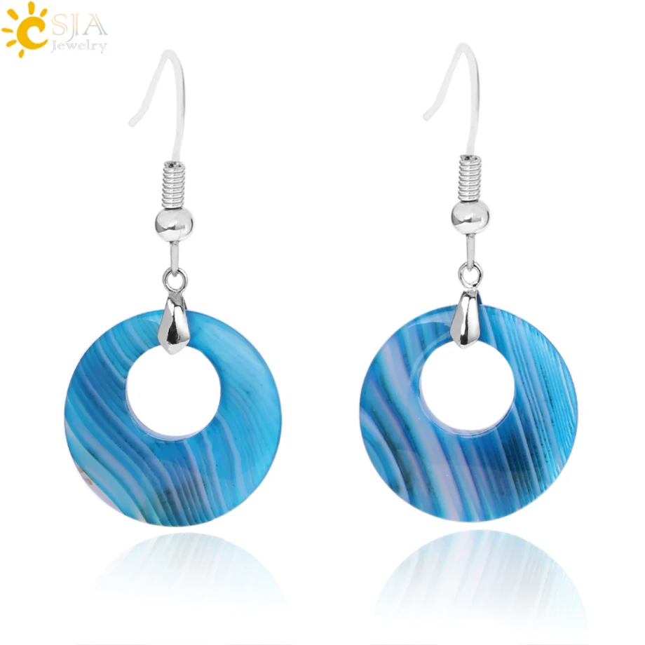 

CSJA 19 Colors Ethnic Natural Onyx Crystal Stone Women Jewelry Earrings Hollow Round Tiger Eye Drop Pendant Dangle Earring E499