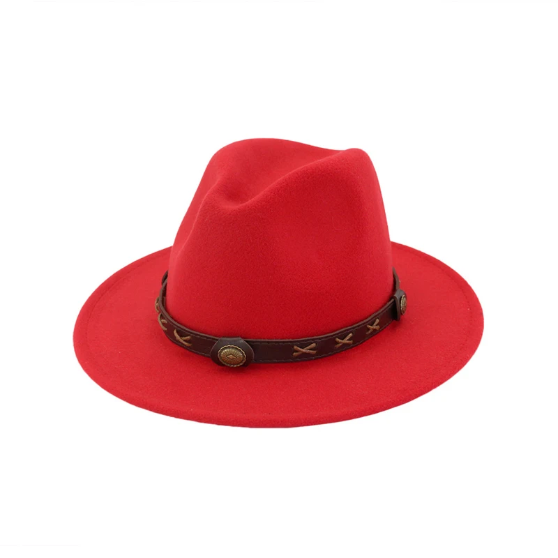 Красный Шерстяная фетровая шляпа Панама Trilby Jazz Fedoras Шляпы с коричневым поясом с плоскими полями для торжественных вечеринок топ шляпа для женщин мужчин унисекс GH-450 - Цвет: Красный