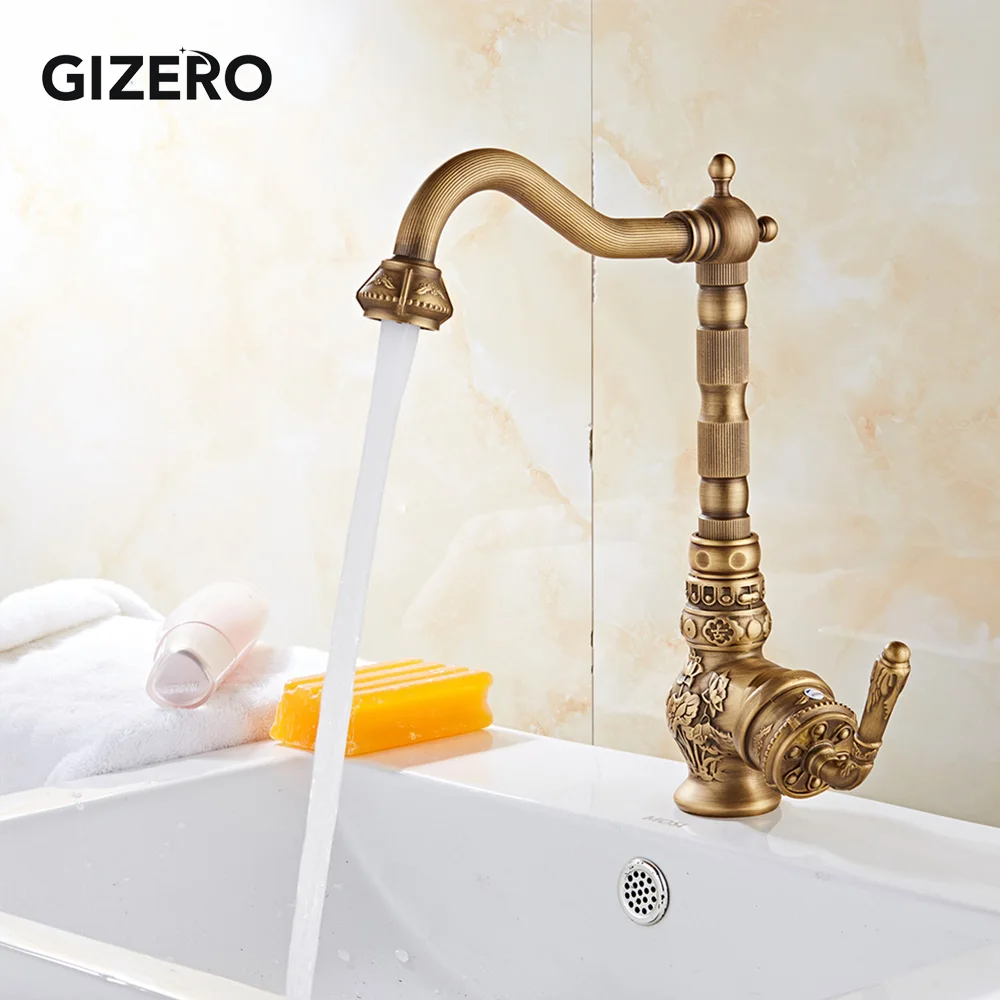 

GIZERO Basin Faucet Antique Carving Copper Bronze Swivel Rotation Deck Mounted Single Handle Hot and Cold Water Mixer ZR240