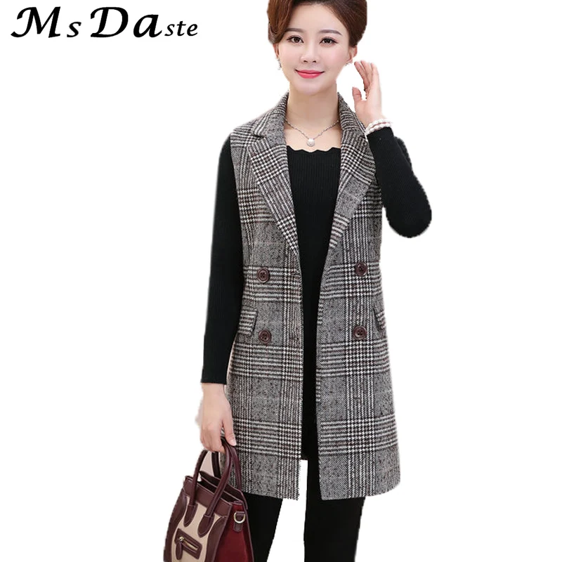 2018 autumn winter double breasted women long vest female plaid vintage