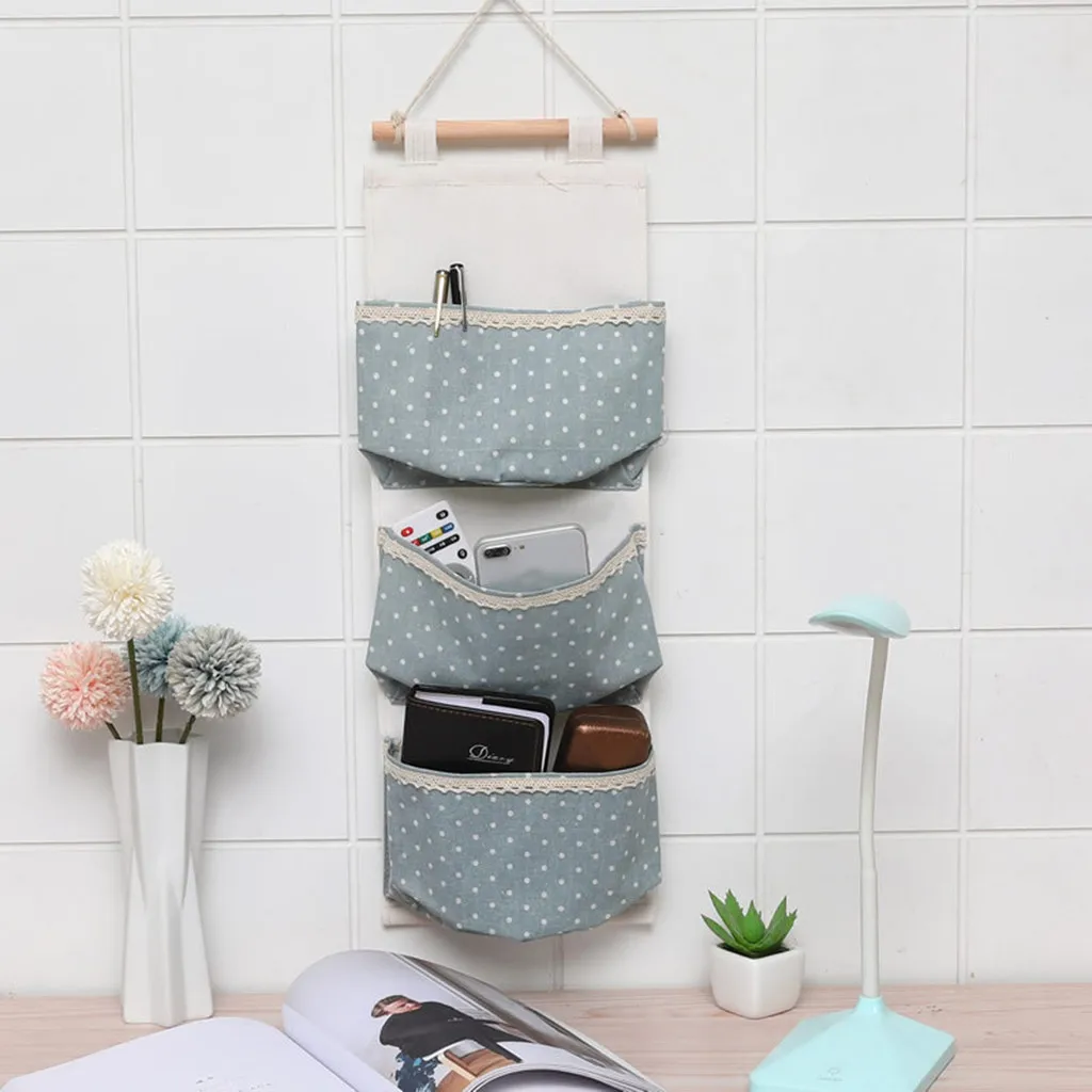3 Pockets Wall Hanging Storage Bags Cotton Linen Door Organizer Waterproof Pouch Bedroom Home Office Container Decoration
