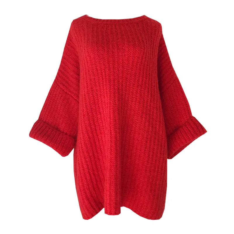 Women Sleeves In Autumn Winter Thickened Round Neck Loose Medium Length Large Size Bat Sleeves Sweater Collage Splicing Black Women Sleeves In Autumn Winter Thickened Round Neck Loose Medium Length Large Size Bat Sleeves Sweater Collage Splicing Black