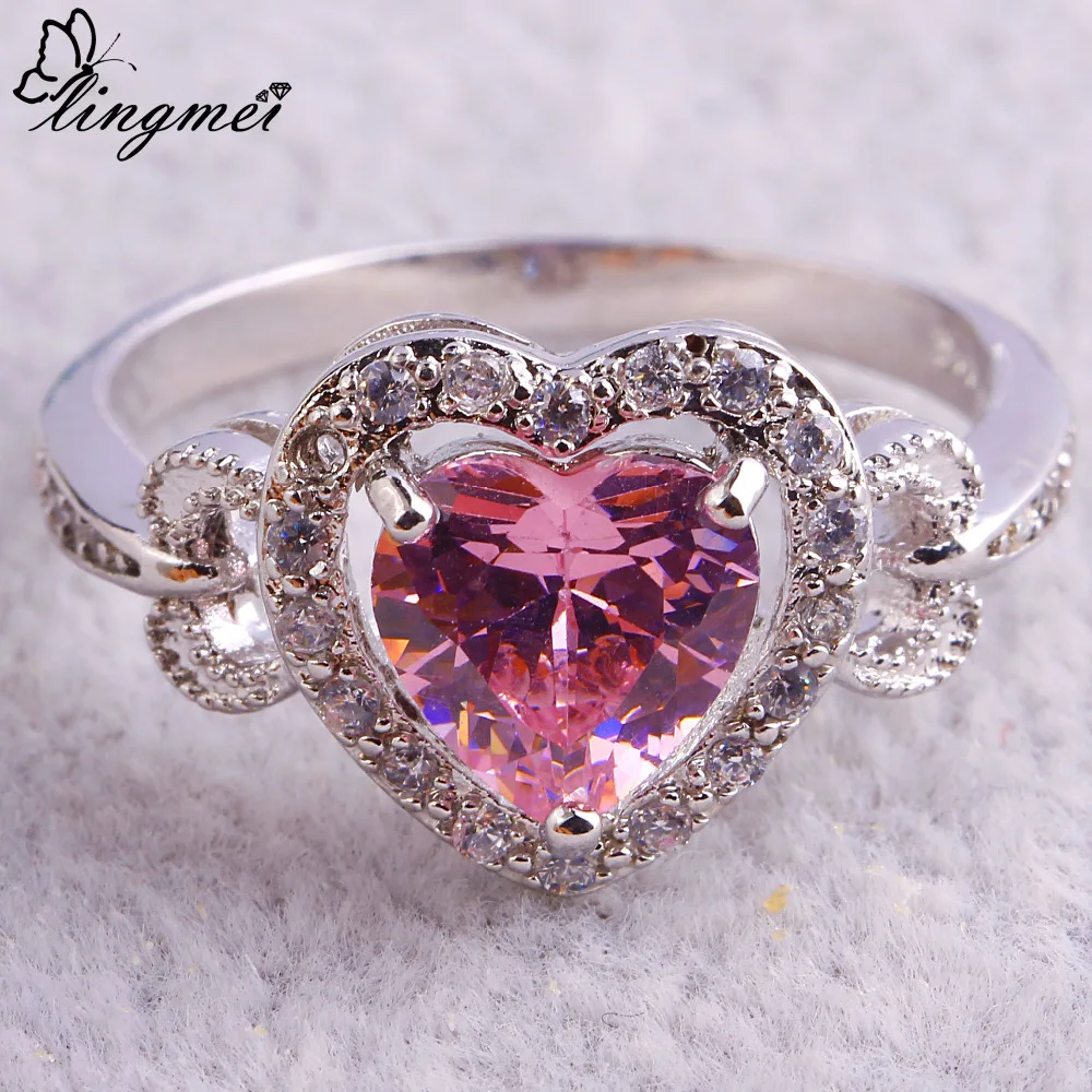 Женское романтическое кольцо lingmei Love розовое и белое серебряное с кубическим
