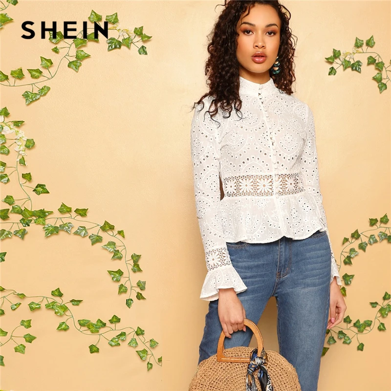 Achat SHEIN blanc Guipure dentelle Insert brodé oeillet Peplum haut chemisier femmes à manches longues Slim Fit bureau dame Boho Blouses