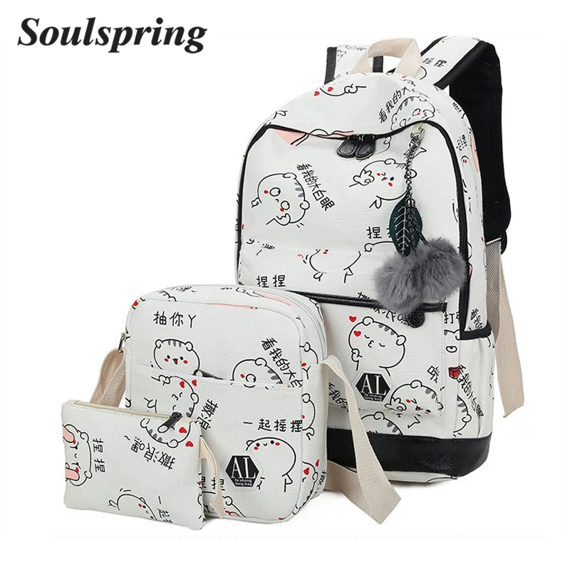 

SOULSPRING Brand 2018 Canvas Backpack 3 Pcs/set Women School Backpack Schoolbag For Teenagers Girl Book Backpack Satchel mochil