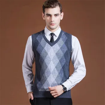 

Male Spring Autumn V-neck sweater vest Men's plaid sleeveless cashmere sweater pullover winter geometric patterns Fashion Vest