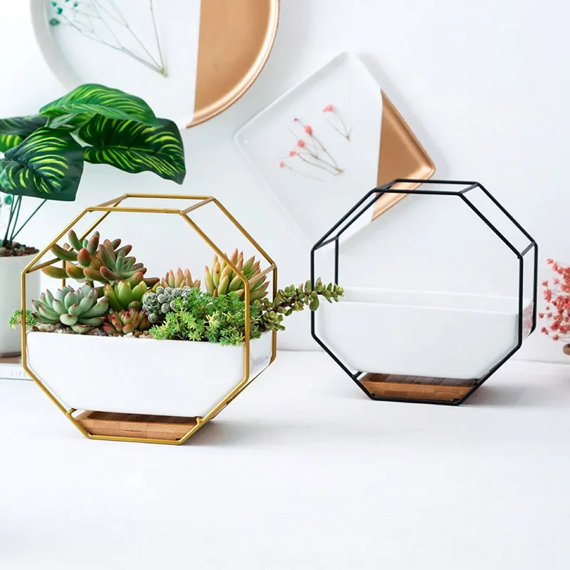Минималистичный восьмиугольный геометрический настенный стол суккуленты керамический цветочный горшок бамбуковый поднос железный каркас набор ремесел подарки