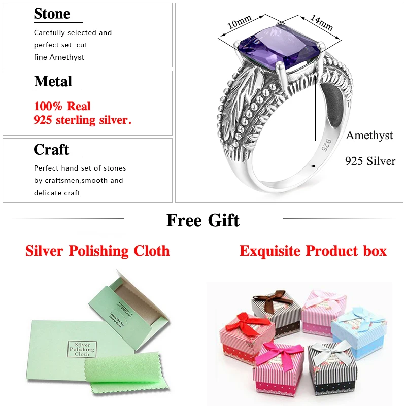 SzjinAo Wholesale Handmade Solid 925 Sterling Silver Finger Rings For Women Vintaga Square Amethyst Ring February Birthstone