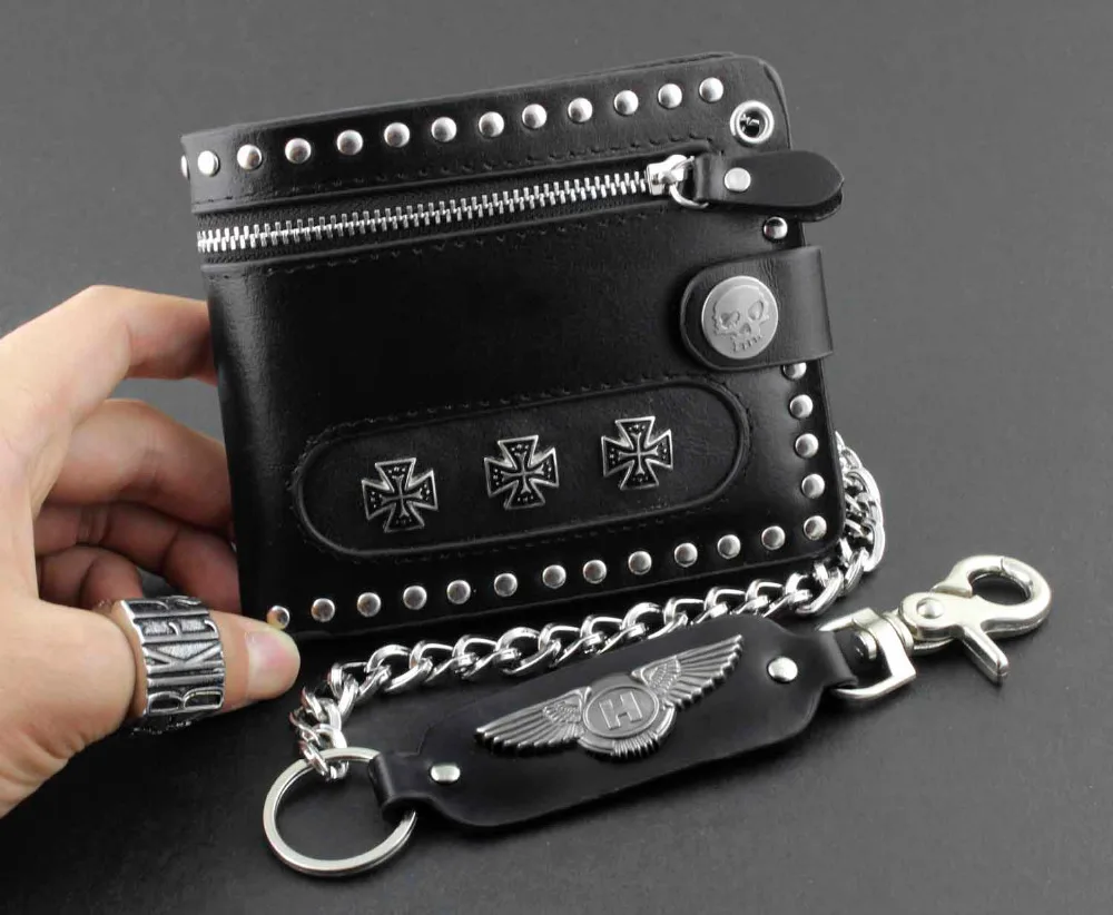 Мужской черный кожаный кошелек на молнии с металлическим крестом и заклепками в стиле рок-панк с цепочкой