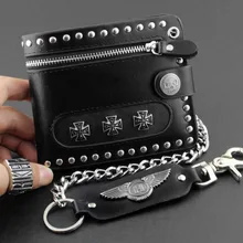 Мужской черный кожаный кошелек на молнии с металлическим крестом и заклепками в стиле рок-панк с цепочкой
