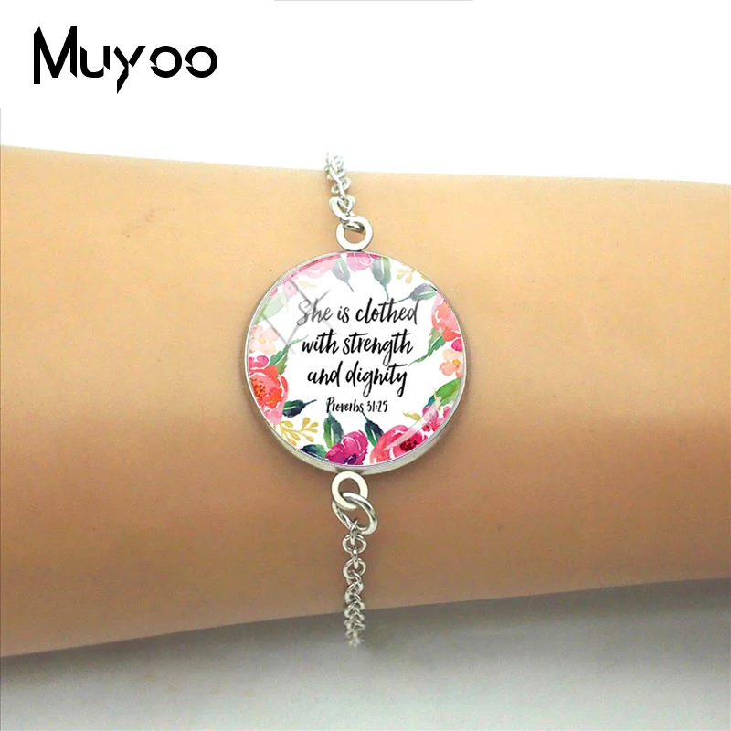 

She is Clothed With Strength and Dignity Bracelets Proverbs Words Bible Verse Christian Quotes Jewelry Inspirational Gifts