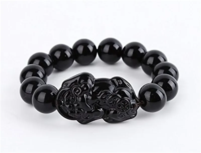 

12mm Obsidian Beads Stone Bracelet With Carved Pi Xiu / Pi Yao Attract Wealth and Good Luck Round Beads Strand Bracelets Jewelry