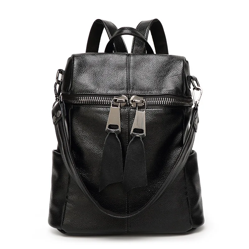New Genuine Leather Punk Backpack Black Euro Big Women Backpack Solid Simple School Bag Designer Multifunction