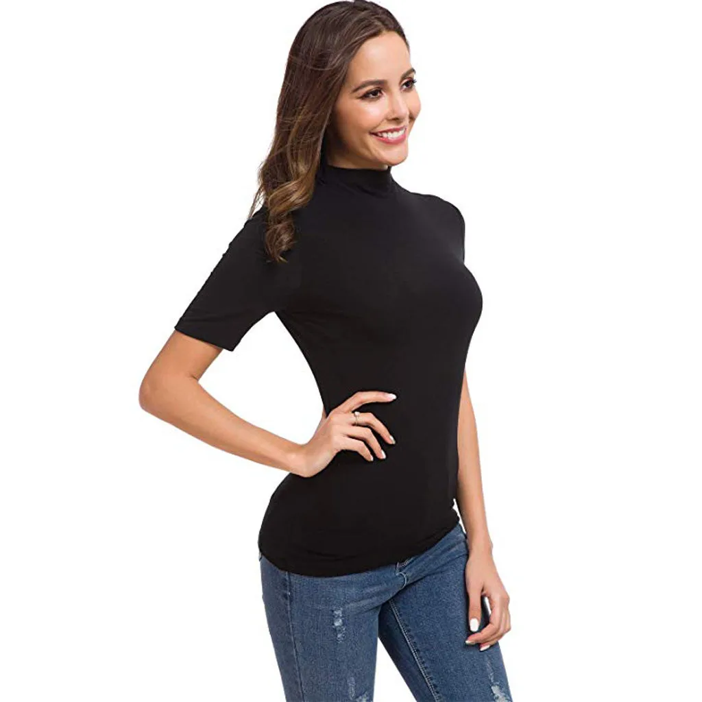 

2019 Summer T-shirt Short Sleeve Womens Summer Short Sleeve Letter Turtleneck Tops Soft Side Striped Casual Clothing#3