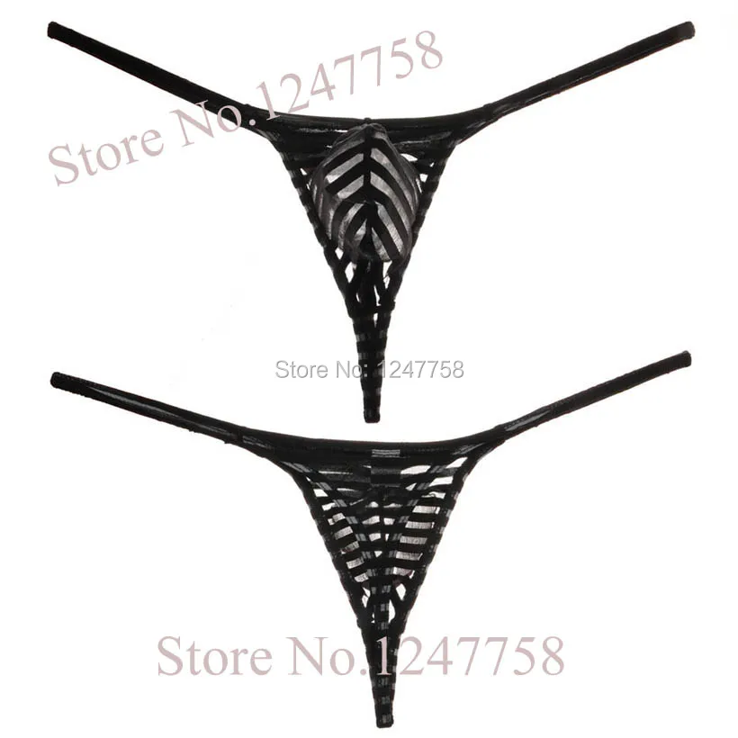 

Men's Solid Mesh Striped Thong Underwear Pouch T-Back Mesh G-String