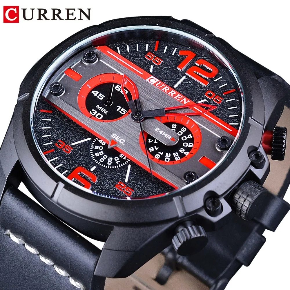 

CURREN Sport Racing Black Red Dial Creative Big Brand Dial Mens Watch Top Luxury Quartz Military Sport Wrist Watches Male Hour