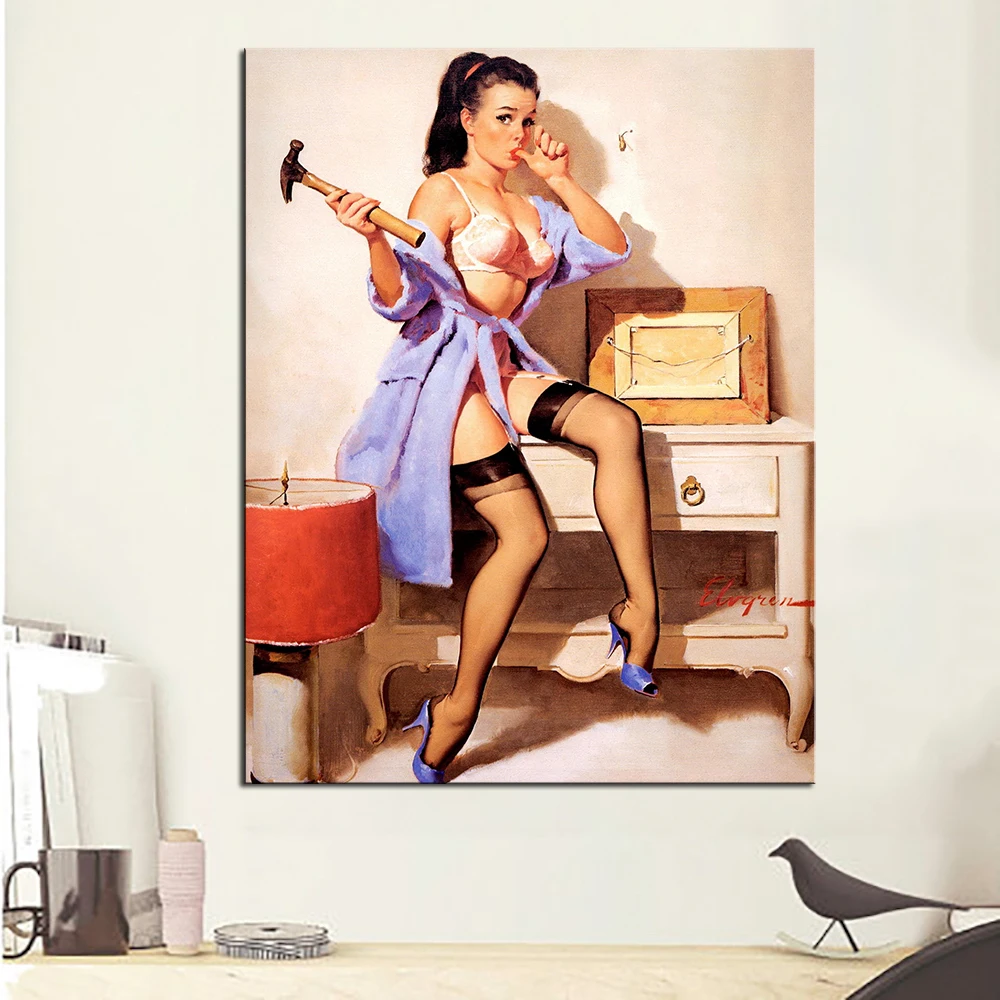 

HUGE POSTER ART PRINT ON CANVAS FOR Elvgren Pin-Up Girl The Wrong Nail Poster