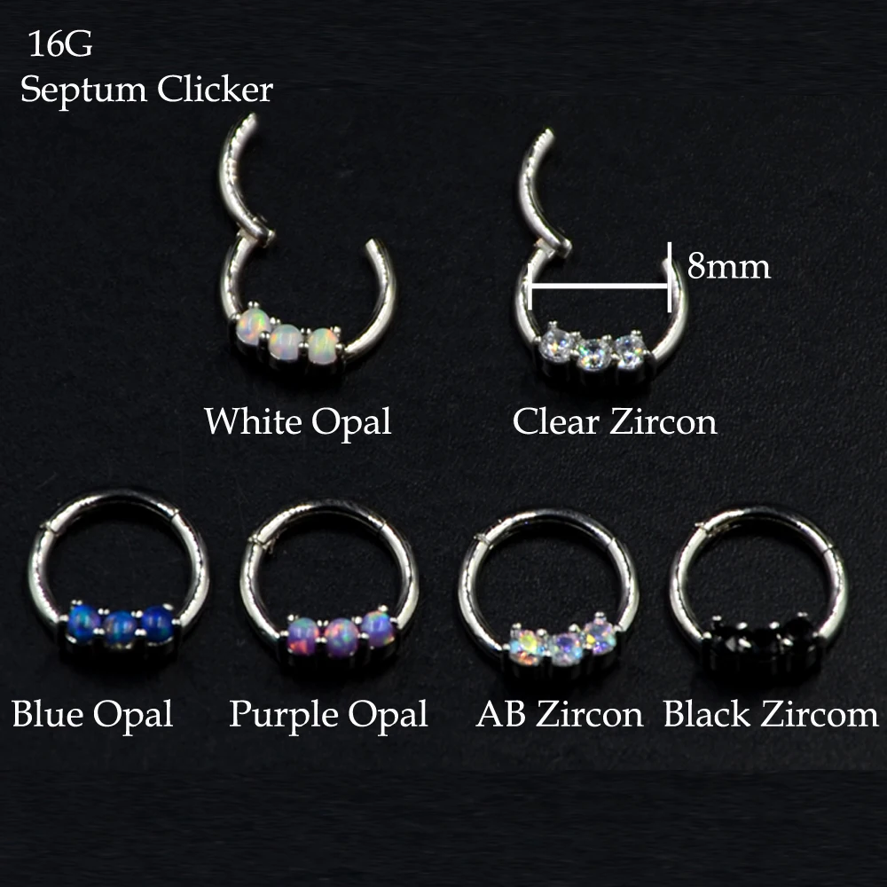 

1Piece Surgical Steel Round Zircon Septum Clicker Labret Ring Nose Ring Cartilage Earring Opal Stone Lip Clicker Helix Piercing