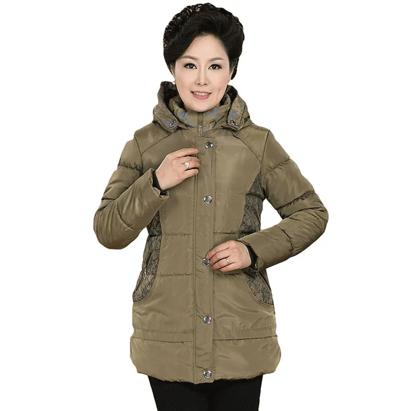 ФОТО 2016 Winter Middle aged and elderly Women Thicken Coat Hooded Mid-long Style Cotton-padded Coat Warm Big Yards Coat SS386