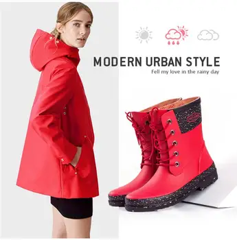 

womens fashion lace up rain boots red and black mid-calf rubber waterproof rainboots for women