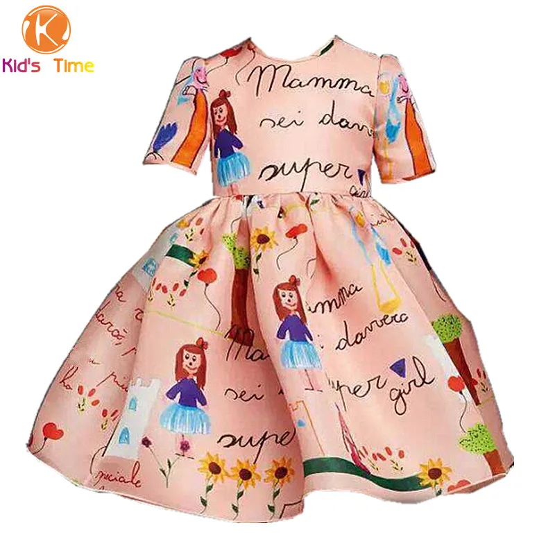 New 2016 designer girl autumn winter style short sleeve cotton cartoon dress kids warm clothes baby