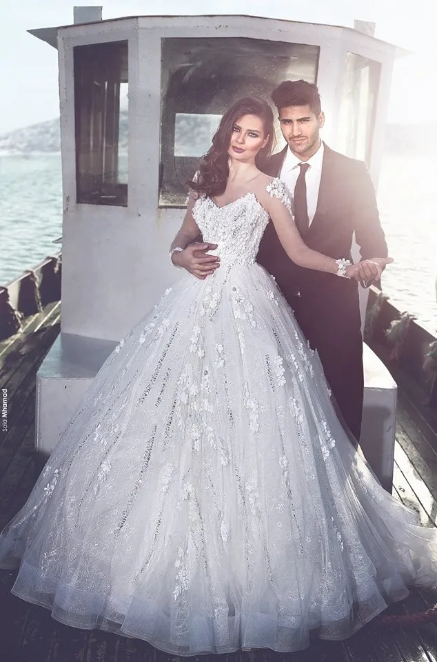 Hot Sale Luxury Ball Gown Wedding Dress Long Sleeves Beaded Crystal Lace Applique Bling Dresses Vestido De Noiva | Свадьбы и
