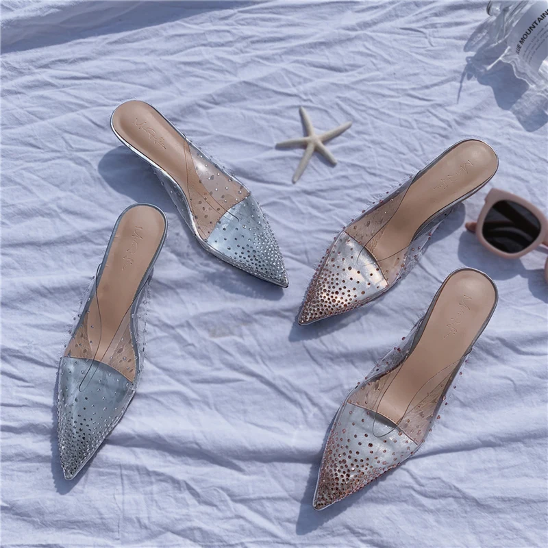 

Sandalias Mujer 2019 Med Heeled Pointed Toe Clear Plastic Mules Sandals Crystal High Heels Pumps Casual Women Shoes