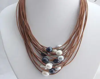 

stunning 15rows big 13mm baroque white gray black pearl leather necklace h2586