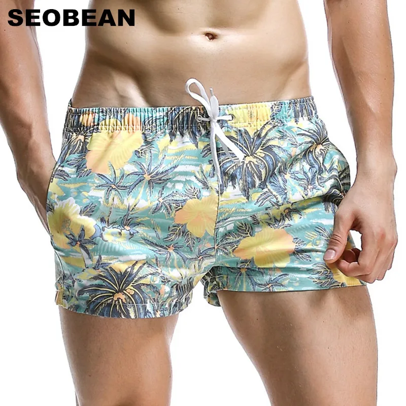 SEOBEAN Summer Hot Short Men Board Shorts Coconut Leaf Pattern Sea Beach Style Men's Shorts Men Quick Dry Shorts Trunks