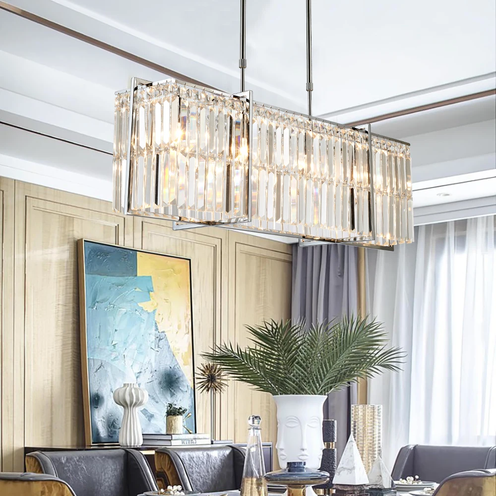 

Crystal gold rectangle chandelier luxury led chrome fixture home lighting indoor lights lamp for dining room living room