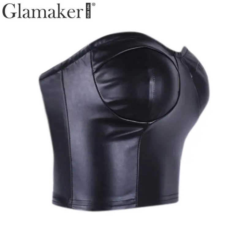 Glamaker PU leater укороченный Топ для женщин без бретелек бодикон уличная майка Летний женский черный элегантный короткий сексуальный топ женский