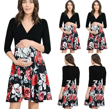 

Maternity Dresses Summer Half Sleeve Floral Print Patchwork Casual Dress Pregnancy Dress Photography Ropa Premama Mother Clothes