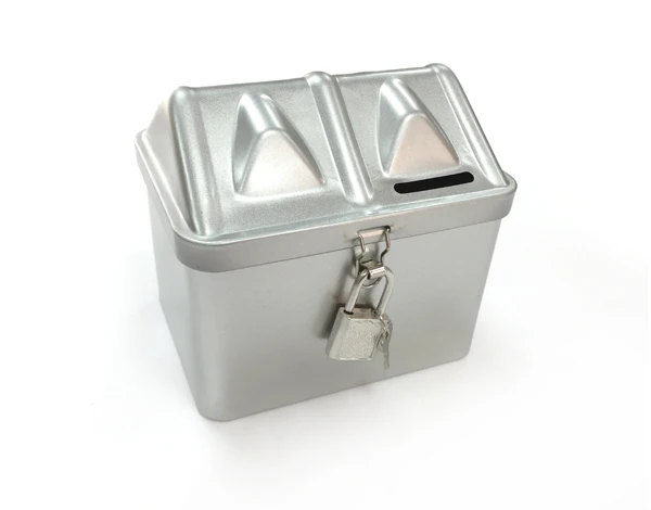 

Size:114x90x105mm house shaped box saving money tin box coin saving money metal box gift box with lock