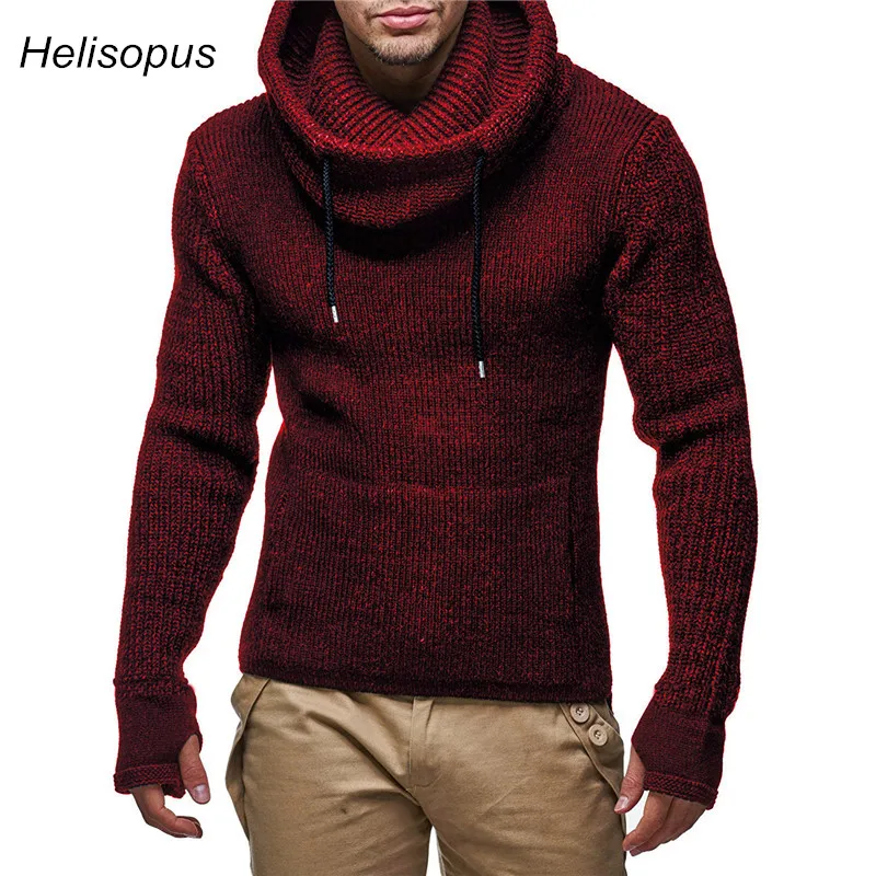 Men Biker Turtleneck Sweaters With Gloves Spring Autumn Slim Knitted Warm Pullover Sweaters