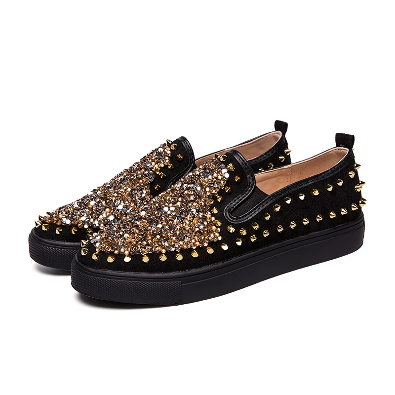 

new fashion mens prom night club dress breathable soft leather rivets shoes slip on lazy shoe rhinestone flats platform loafers