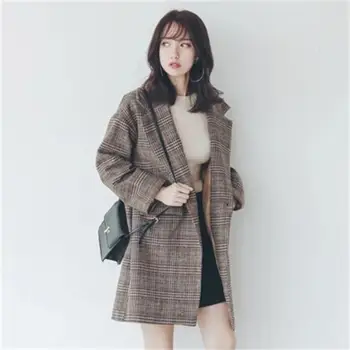 

High quality fashion women's coat woolen coat ladies long section Korean version of the new autumn and winter retro plaid coat
