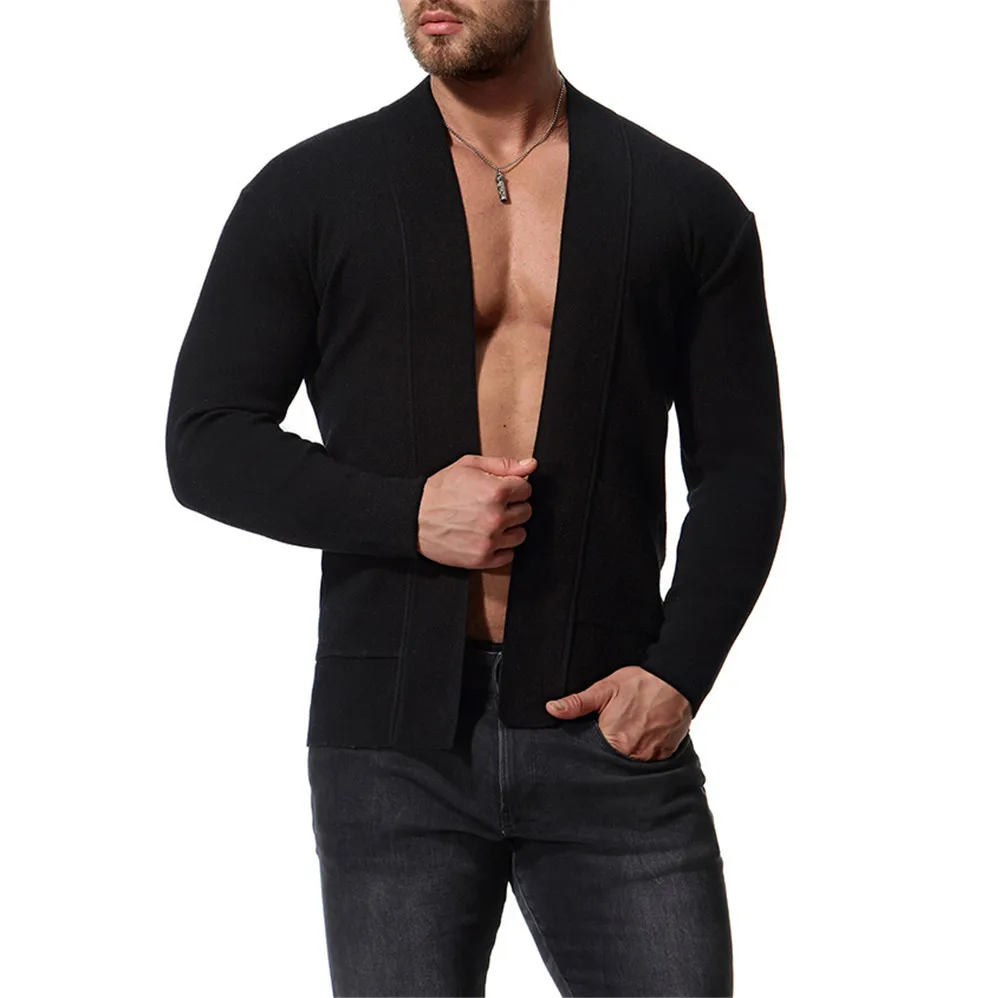 2018 New Mens Hip Hip Long Sleeve Solid Thin Wool Cardigan