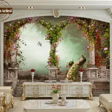 Fondo de pantalla personalizado 3d vintage mural Pilar romano arco jardín Pavo Real paisaje floral tv sofá dormitorio sala de estar fondo de sala