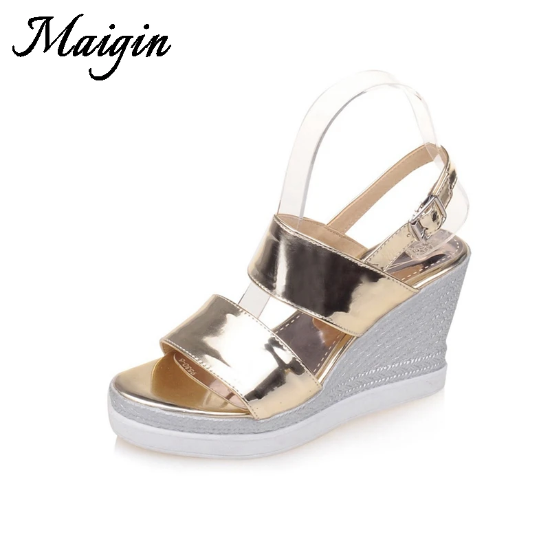 Maigin Big Size Silver Gold Women Sandals 2018 New Wedge Sandals High Heels Platform Shoes Buckle Strap Ladies Summer Shoes