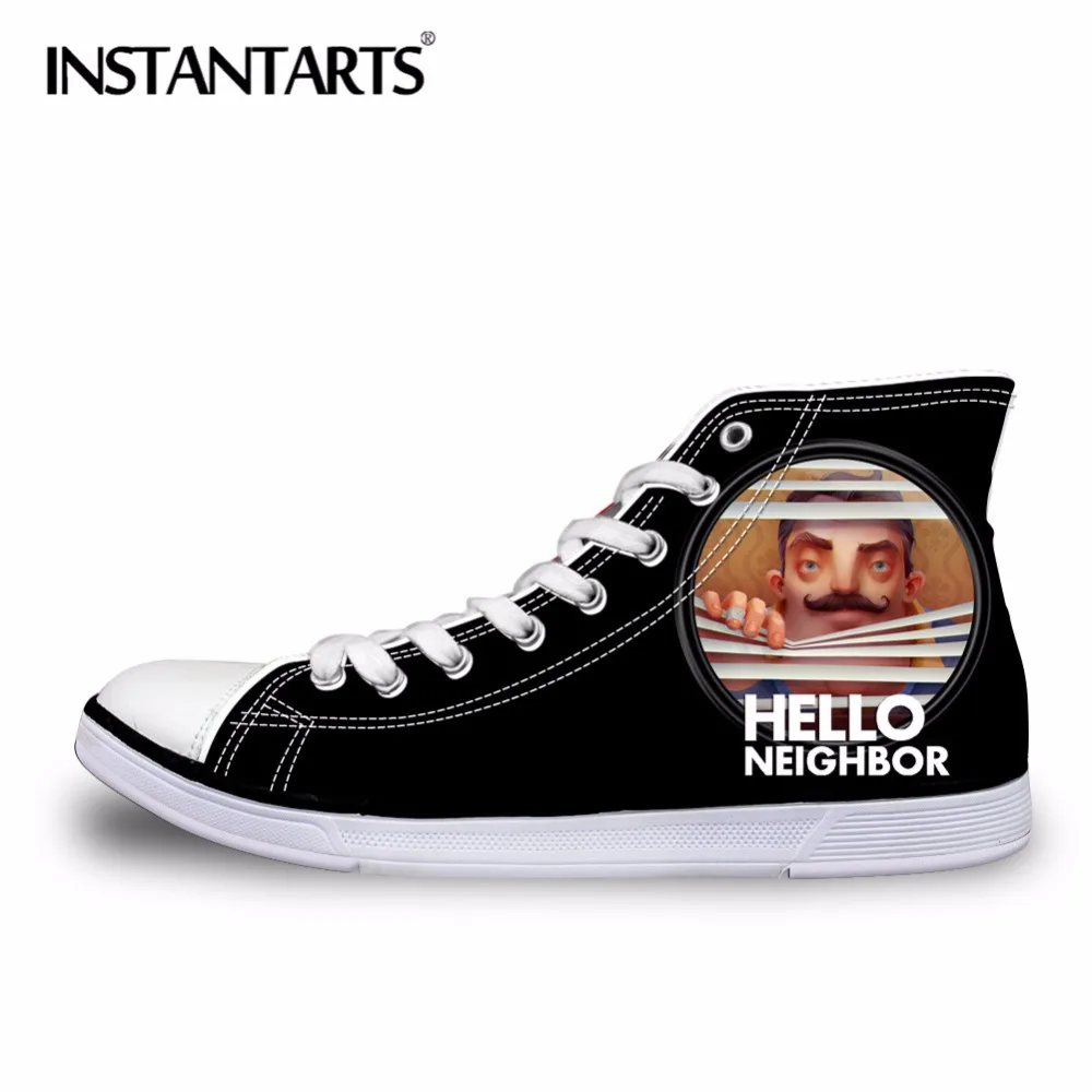 

INSTANTARTS Man Fashion Design Hello Neighbor Flats Shoes Anime Print Youth Boy Male Black Autumn Lace Up High Top Canvas Shoes